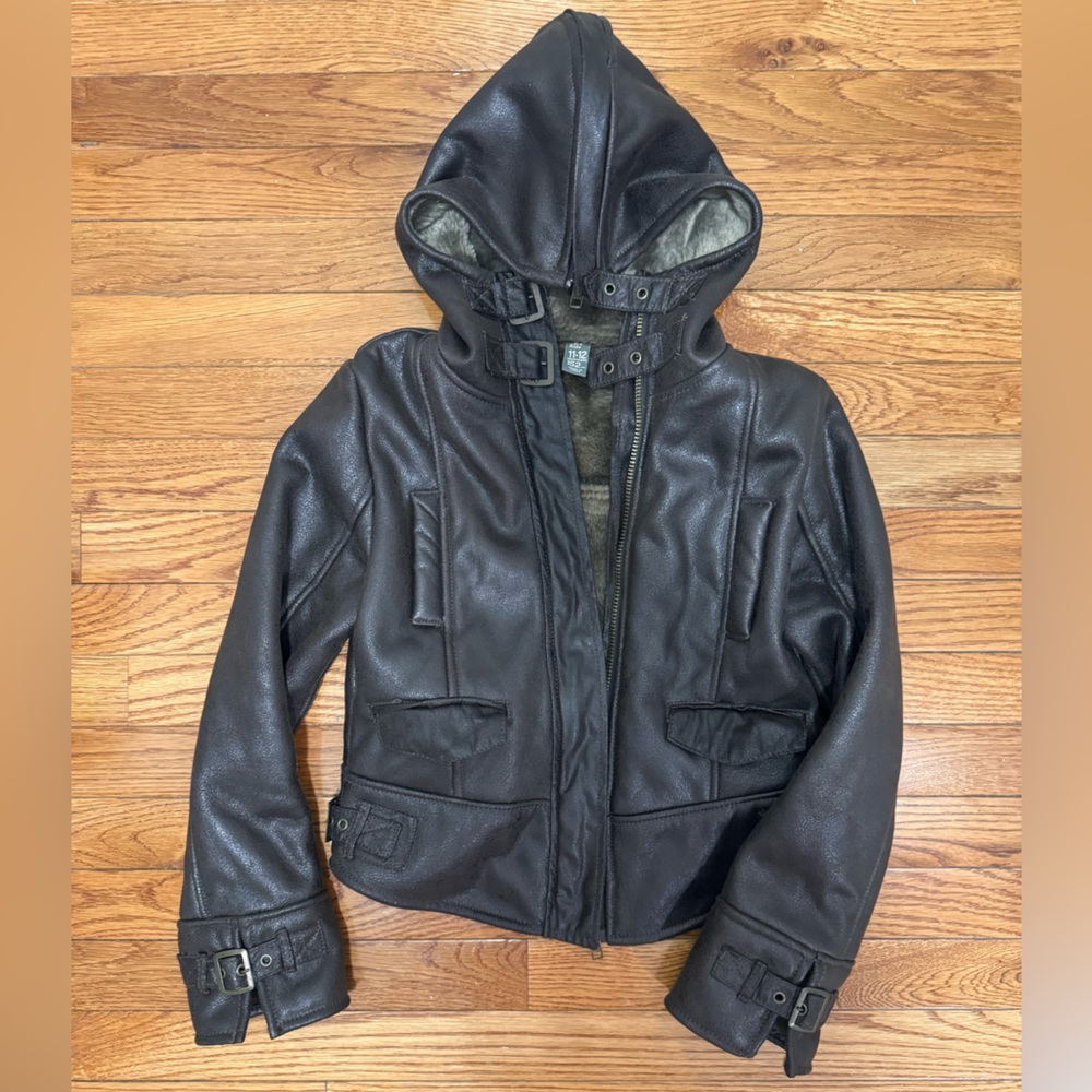 Zara kids dark brown vintage leather jacket